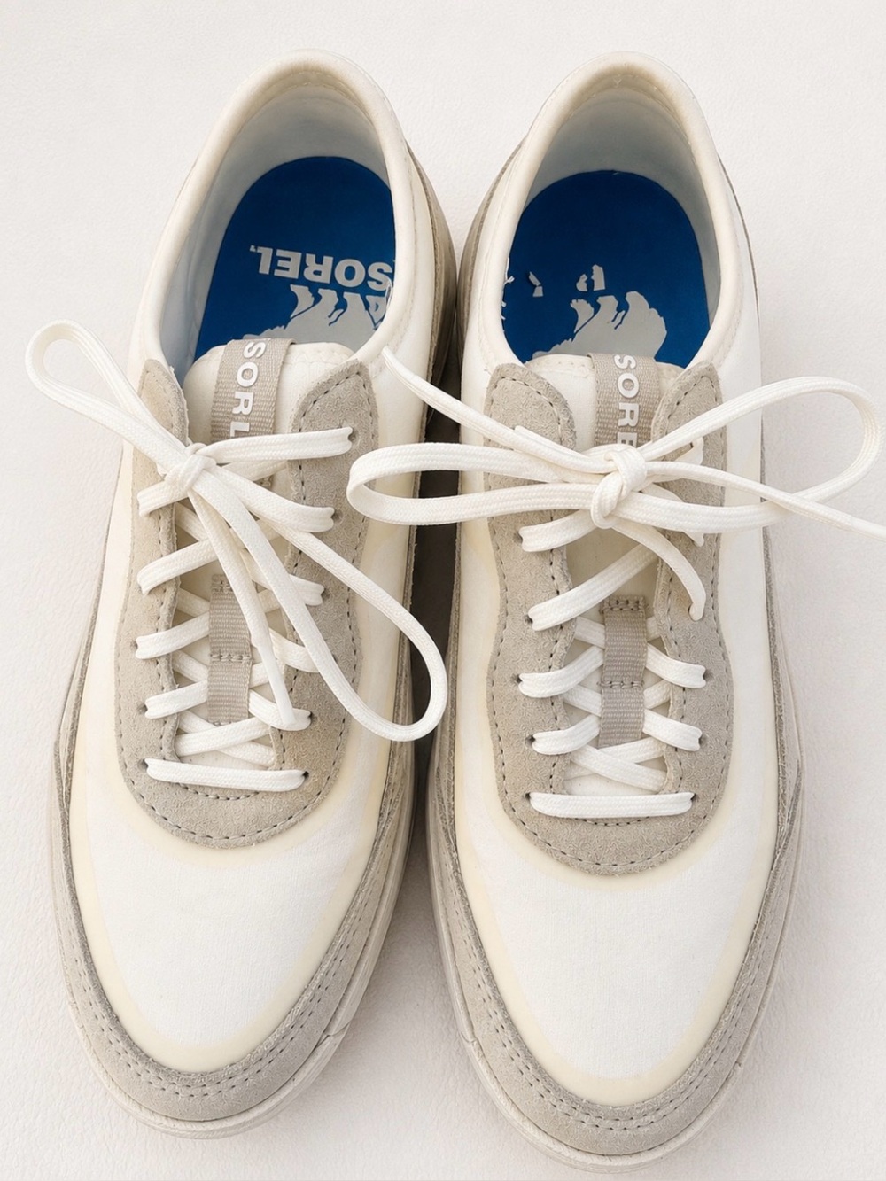 Leather And Suede Sorel Low-Top Lace-Up Sneakers in White and Gray Trip -ready